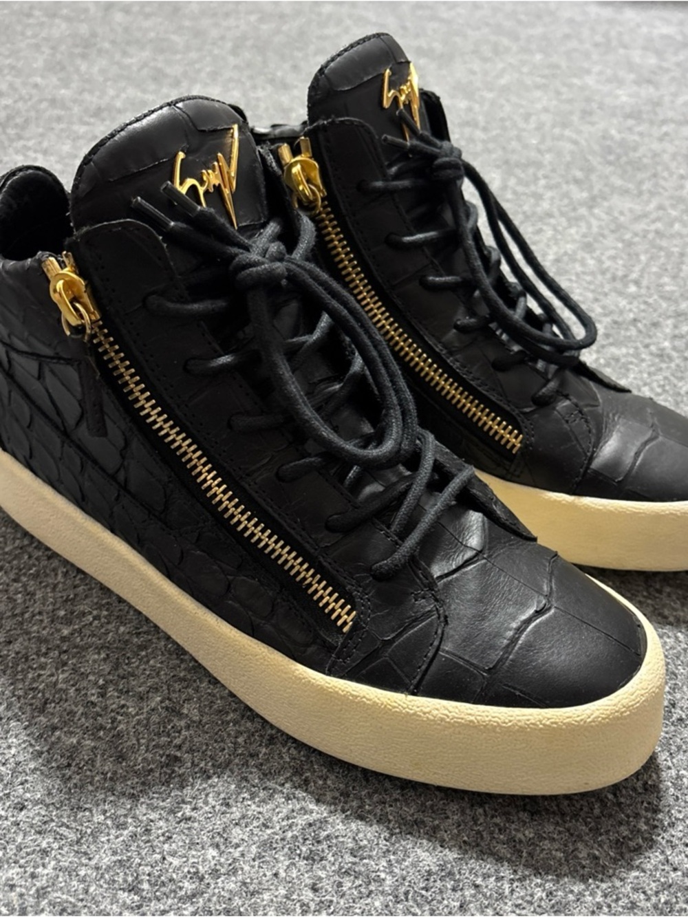 Giuseppe Zanotti Black Croc-Texture High-Top Sneakers with Gold Hardware